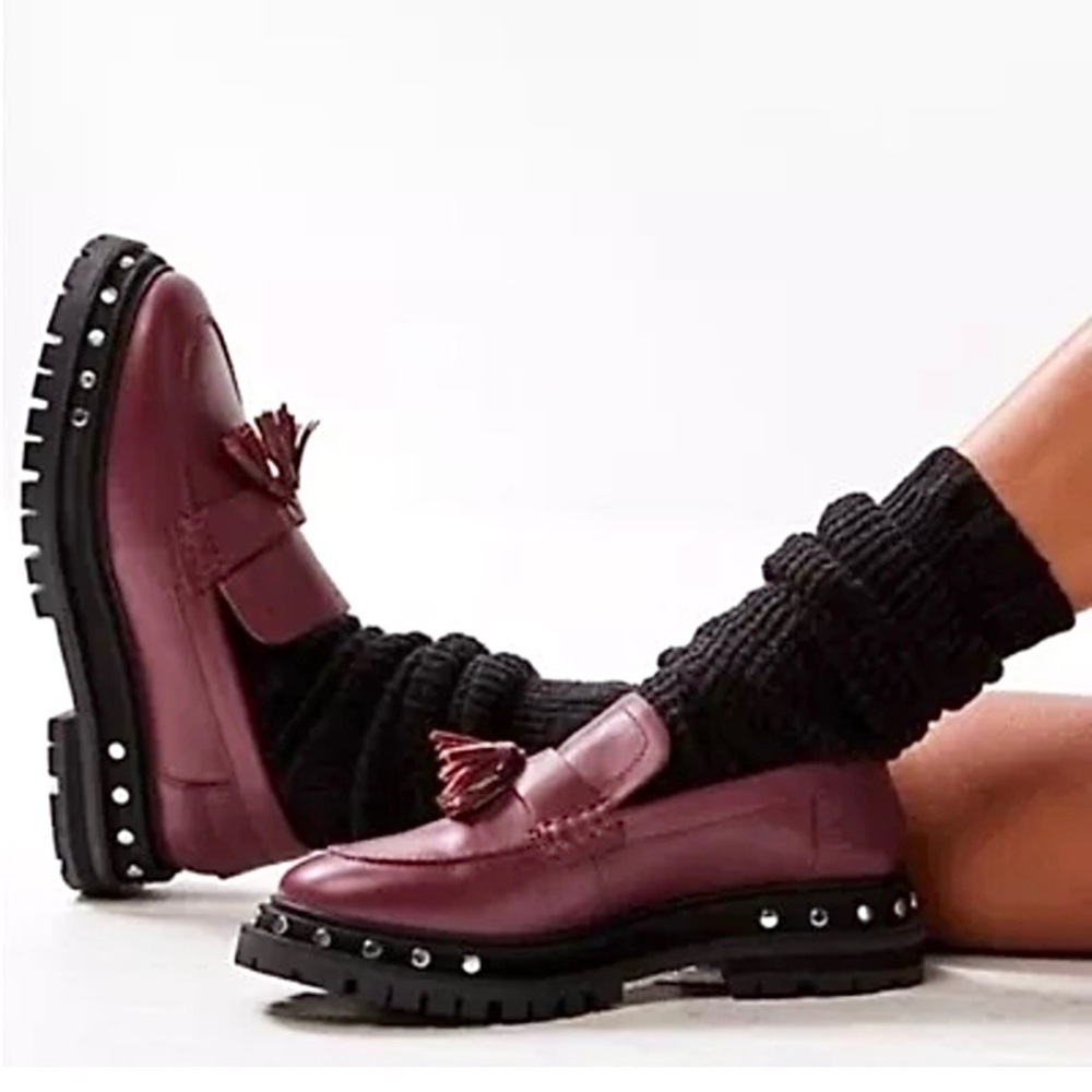 NEW Free People Teagan Tassel Studded Loafers Mulberry Red NWOB